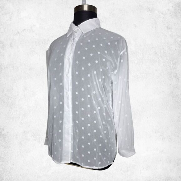 White Polka Dot Button Down Blouse 2XL – Sheer Lightweight Long Sleeve Top - Picture 5 of 7